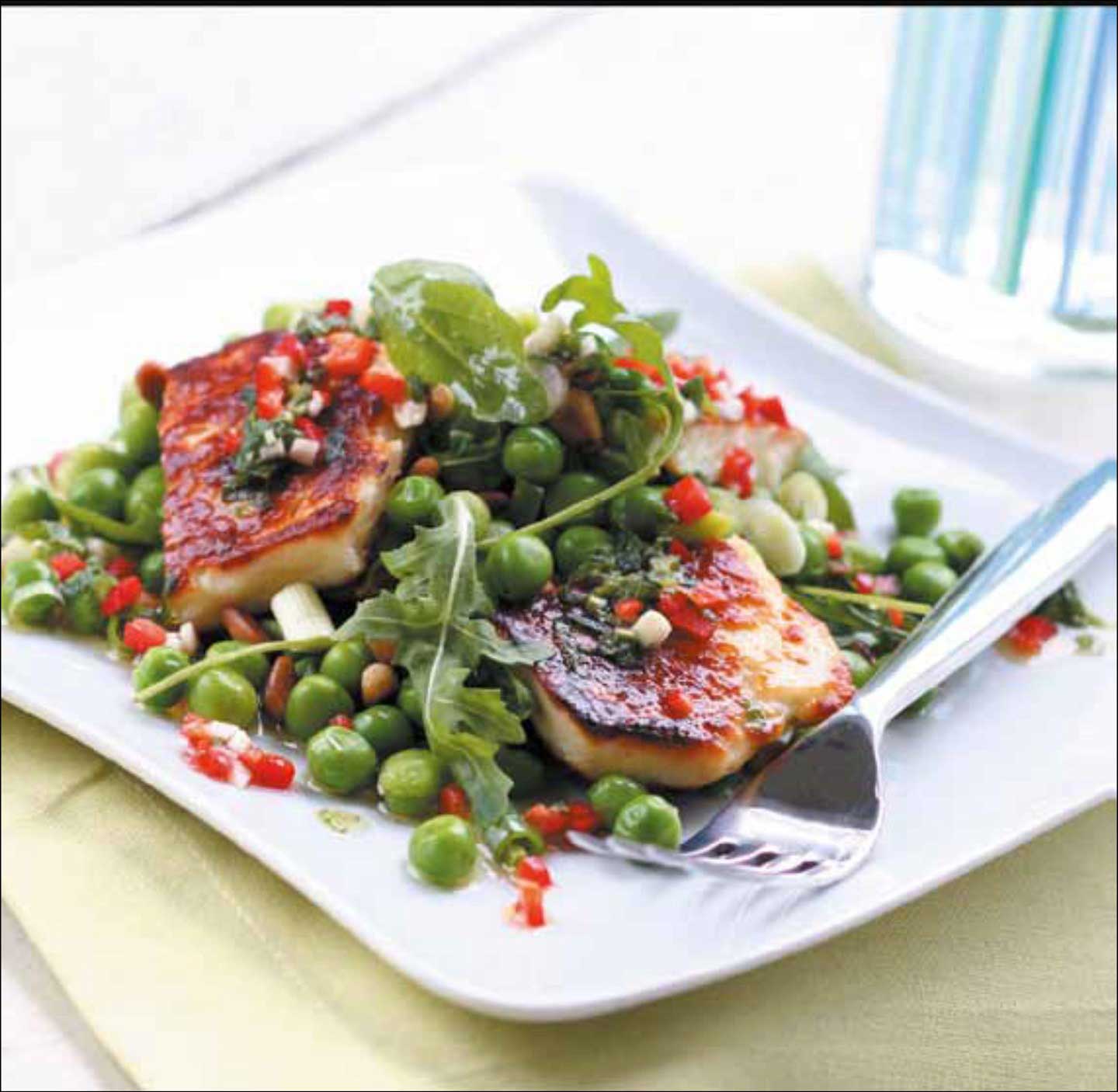 Grilled Halloumi with Peas, Pine Nuts, Broad Beans and Rocket