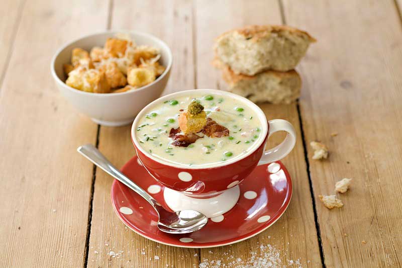 Pea And Bacon Chowder With Basil Pesto And Cheddar Croutons