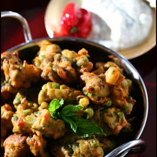 Pea And Potato Bhajees With Coconut And Mint Chutney