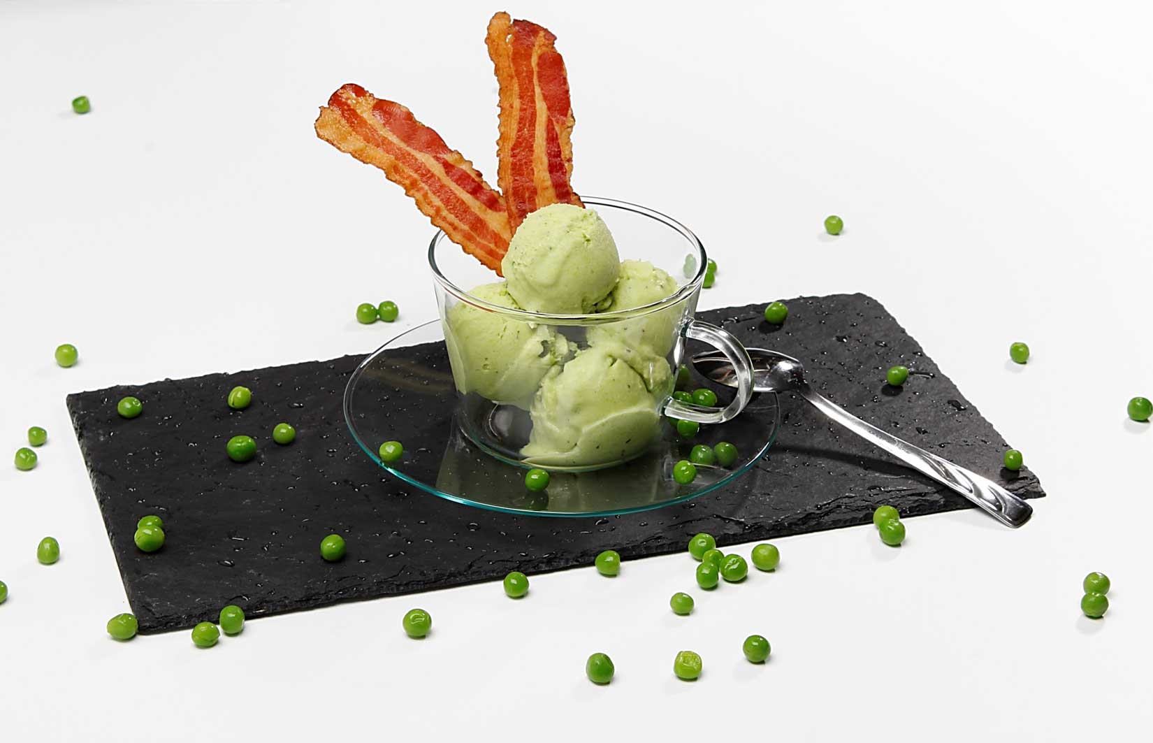 Pea Ice Cream with Bacon Wafers