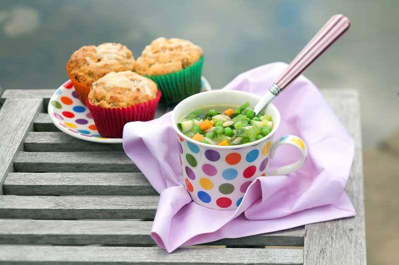 Pea Minestrone With Sun Dried Tomato, Polenta And Basil Muffins