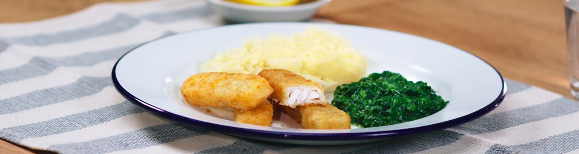 Battered Fish Fingers with Mash and Spinach