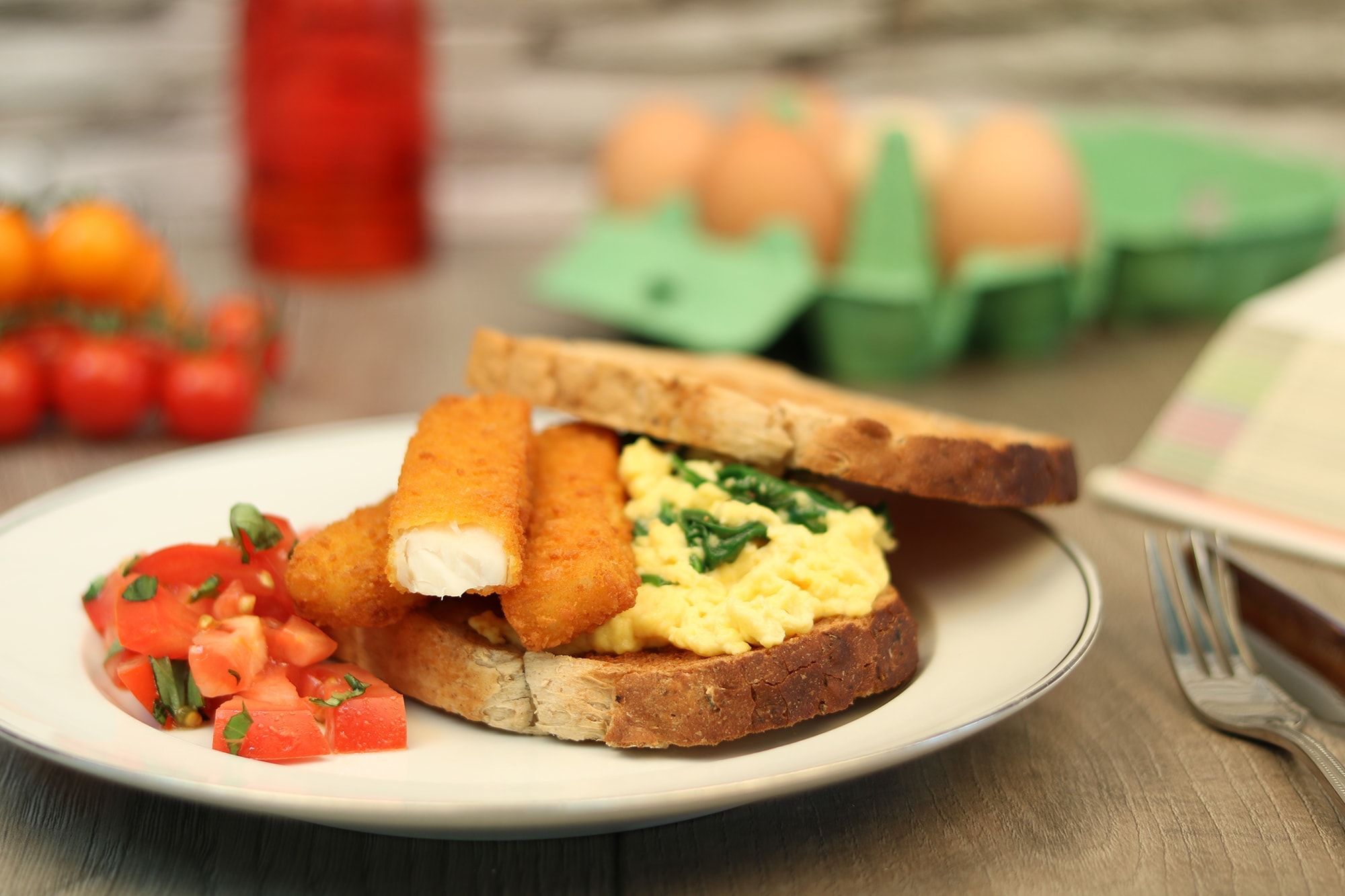Fish Finger and Egg Sandwich with Spinach