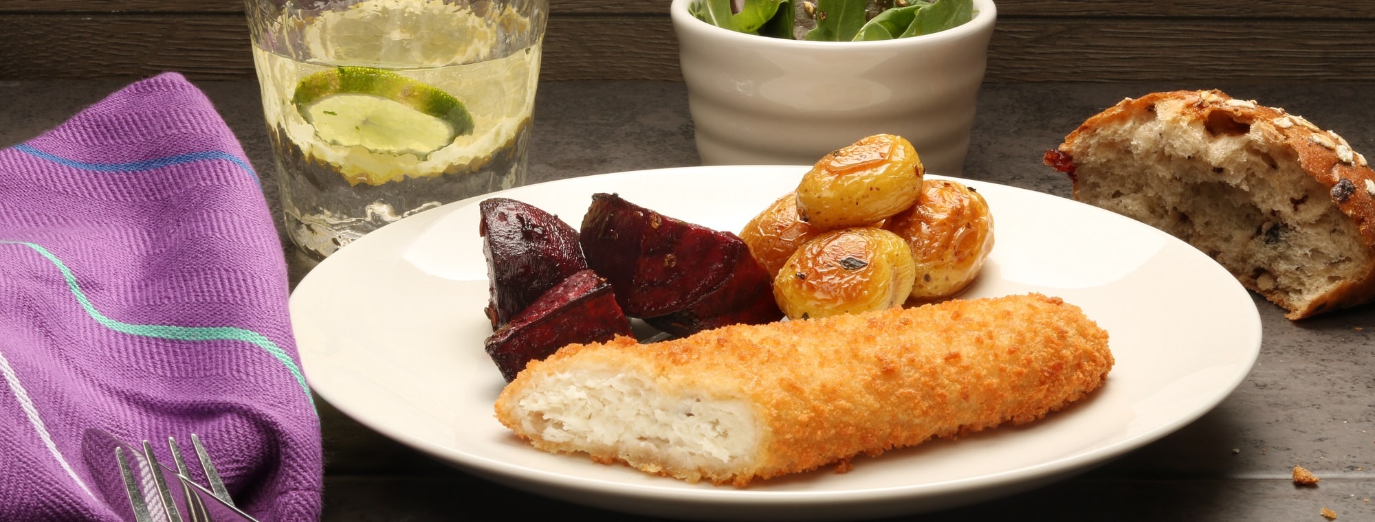 Breaded Haddock with Roasted Baby Potatoes & Beetroot