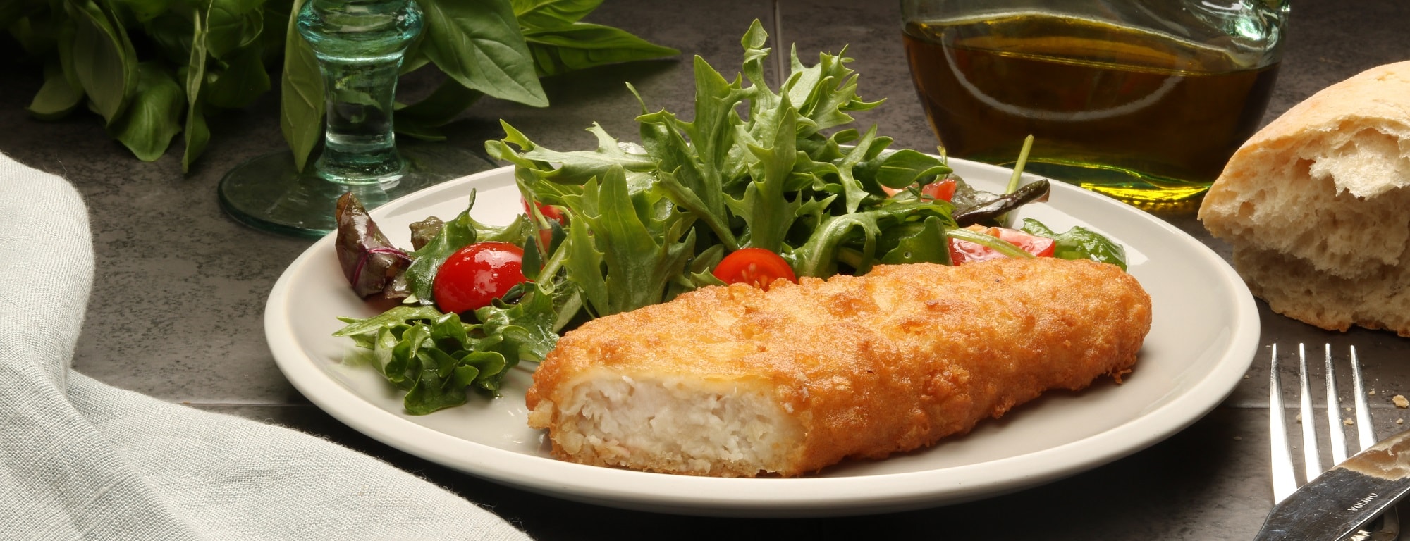 Battered Haddock Fillets with a Fresh Green Salad in a Mustard Dressing