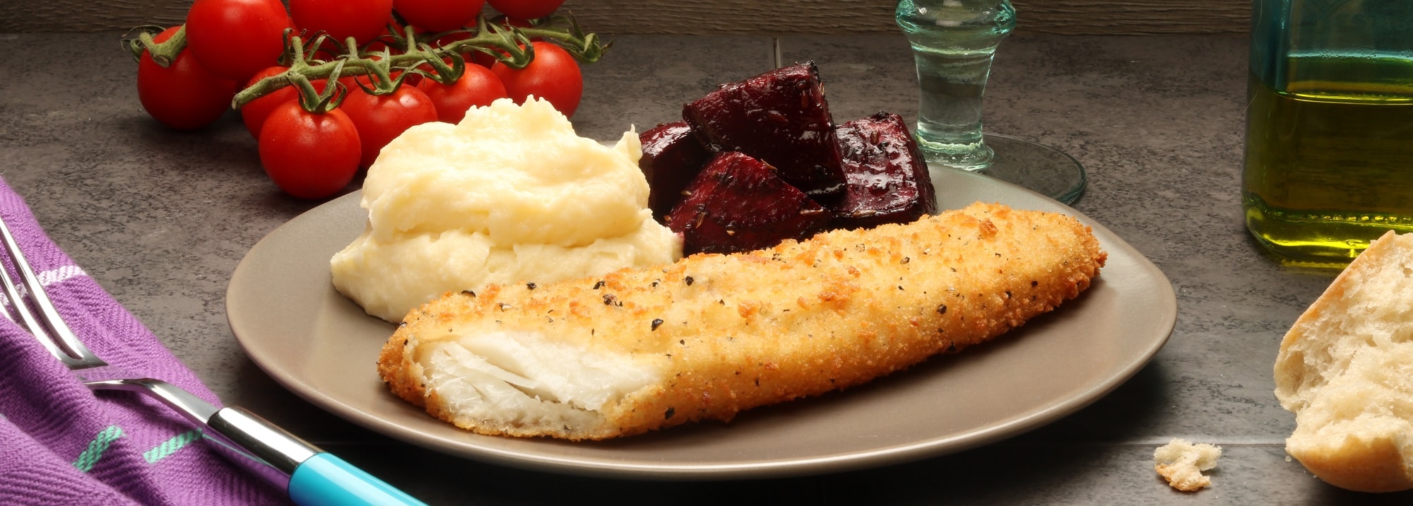 Lemon & Black Pepper Lightly Dusted Cod Fillets with Mashed Potato and Roasted Beetroot
