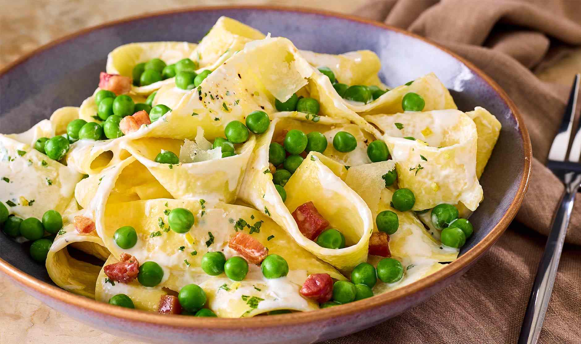 Pappardelle with Birds Eye peas and pancetta