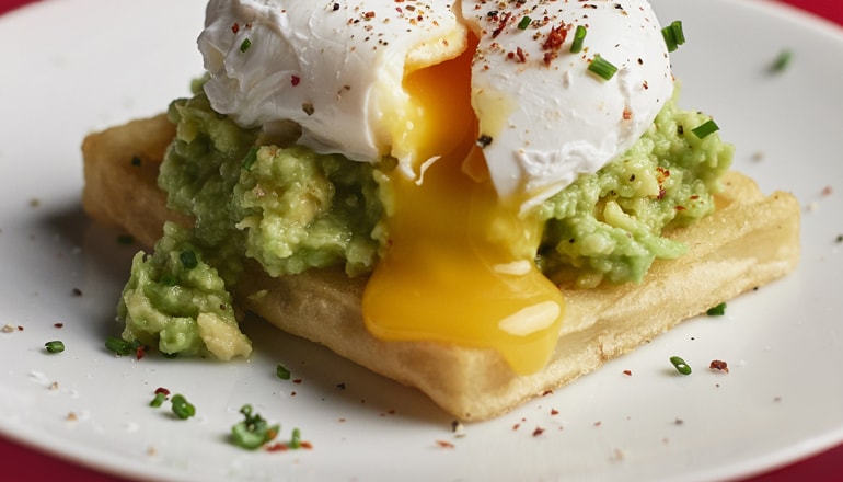 Potato Waffle with avocado & poached egg