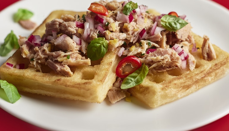 Tuna Salad served on a Potato Waffle