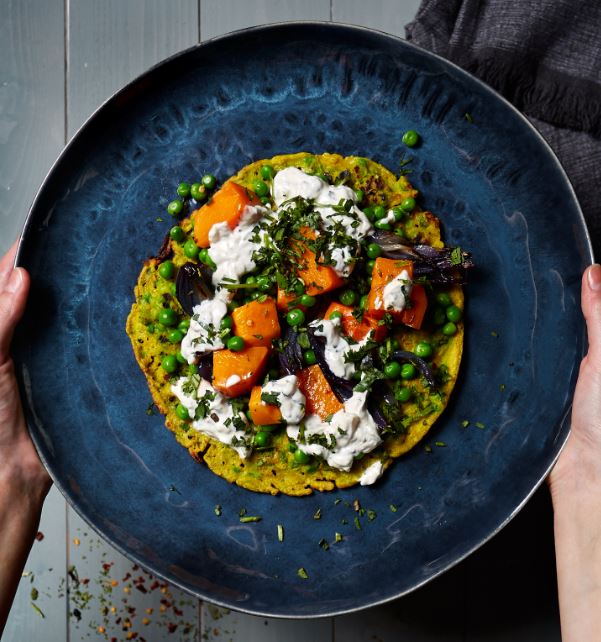 Chickpea and Turmeric Pancakes with Crushed Peas, Roast Butternut Squash and Tahini Dressing