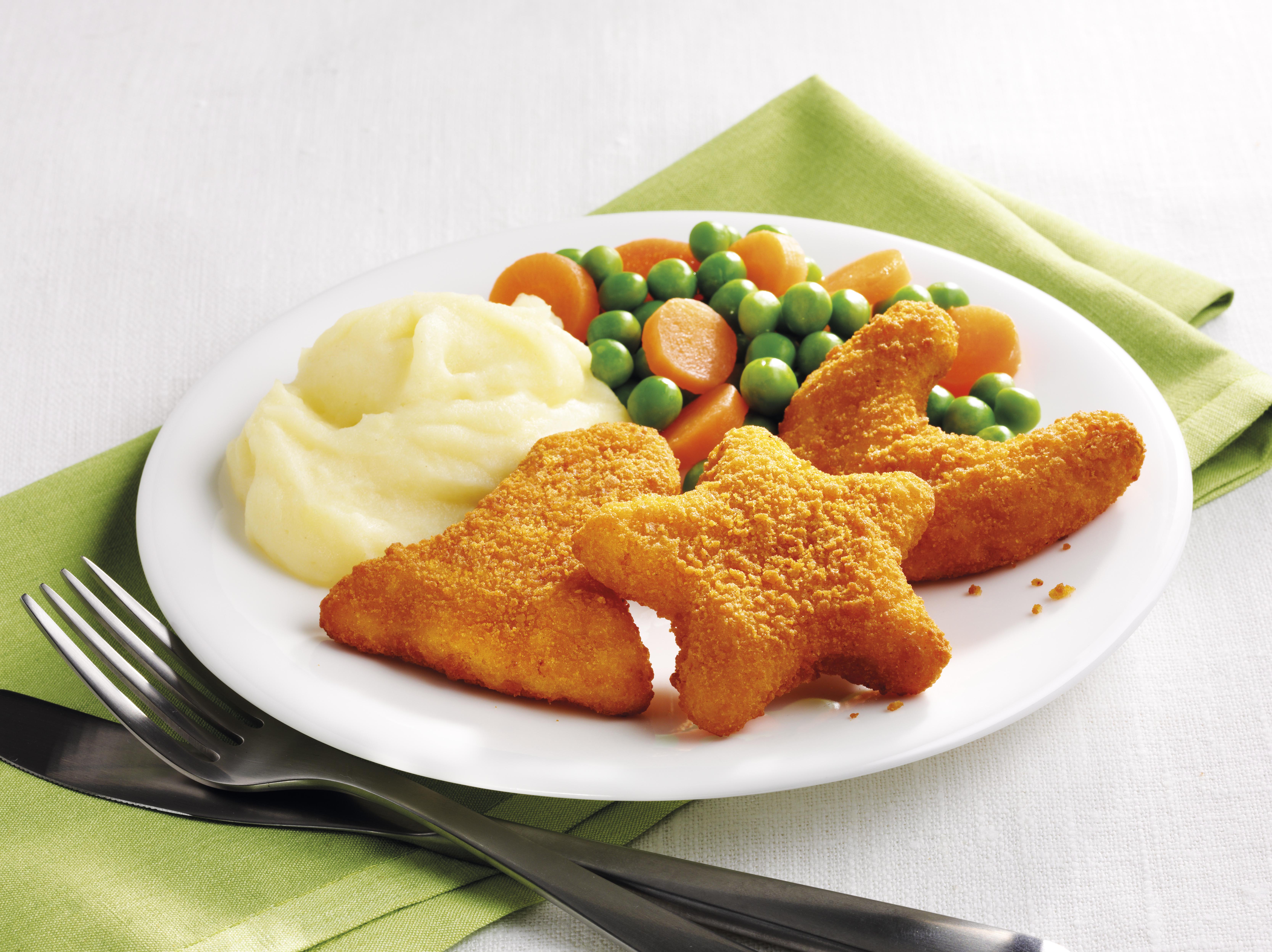 Chicken Popstars, Mashed Potato and Mixed Vegetables